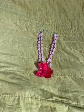 Pink Beaded Necklace with Large Pink Flower Pendant